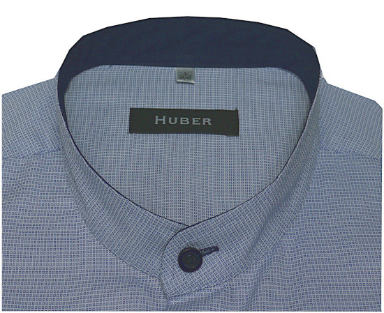 HUBER Stehkragen Kurzarm Hemd blau weiß bügelleicht Regular Fit HU-0198