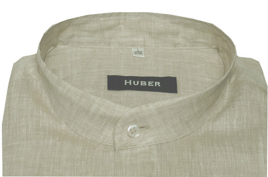 HUBER Stehkragen Hemd beige 100% Leinen feiner Stoff Regular HU-0467 Made in EU
