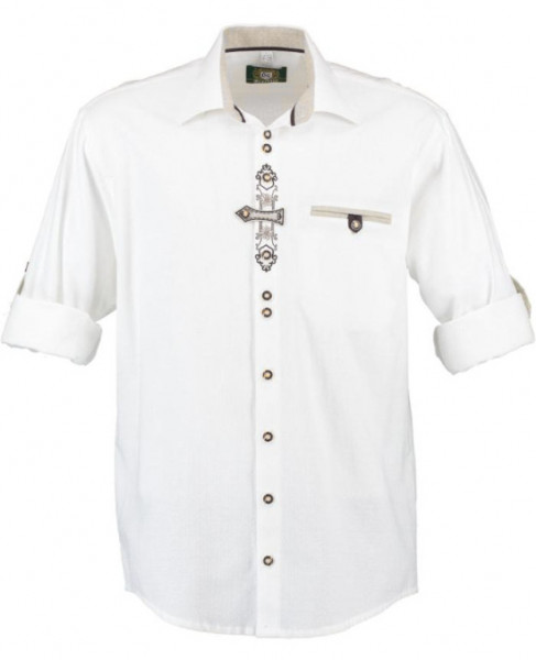 Orbis Landhaus Trachten Hemd weiß mit Stickerei Krempelarm Regular Fit TH-0250