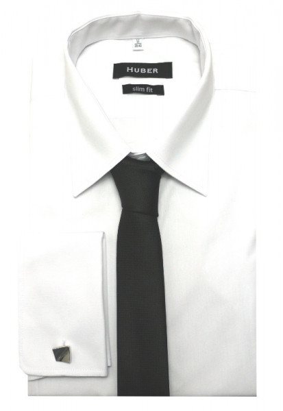 HUBER Umschlag-Manschetten Hemd weiß+Krawatte schwarz+Mansch.Knopf HU-5361 Slim