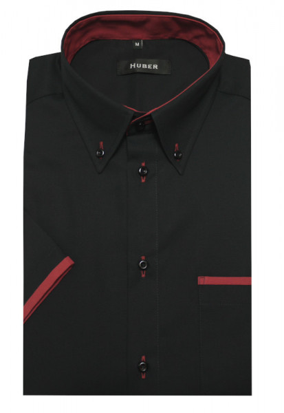 HUBER Kurzarm Hemd Button-down-Kragen schwarz-rot Regular Fit EU-Ware  HU-0157