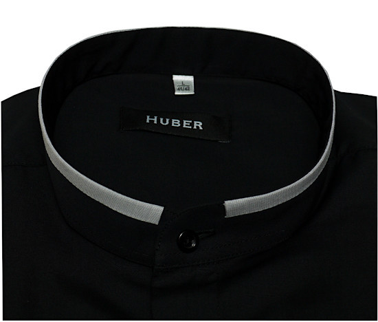 HUBER Stehkragen Hemd schwarz Kontrast grau Regular Fit HU-0561 Made in EU